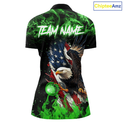 Green Flame American Flag Eagle bowling shirts for Women Custom Bowling Team Jersey, gift for Bowler NQS11555