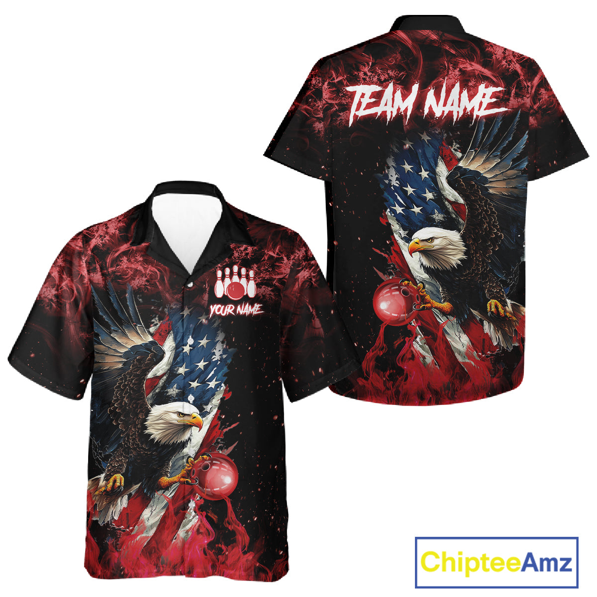 Red Flame American Flag Eagle Bowling Hawaiian shirt Custom Bowling Team button-up shirts NQS11556