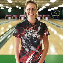 Load image into Gallery viewer, Black and Red Lightning Thunder Tiger Bowling Polo, 1/4 Zip Jersey for Women, Bowling Team shirts NQS11571