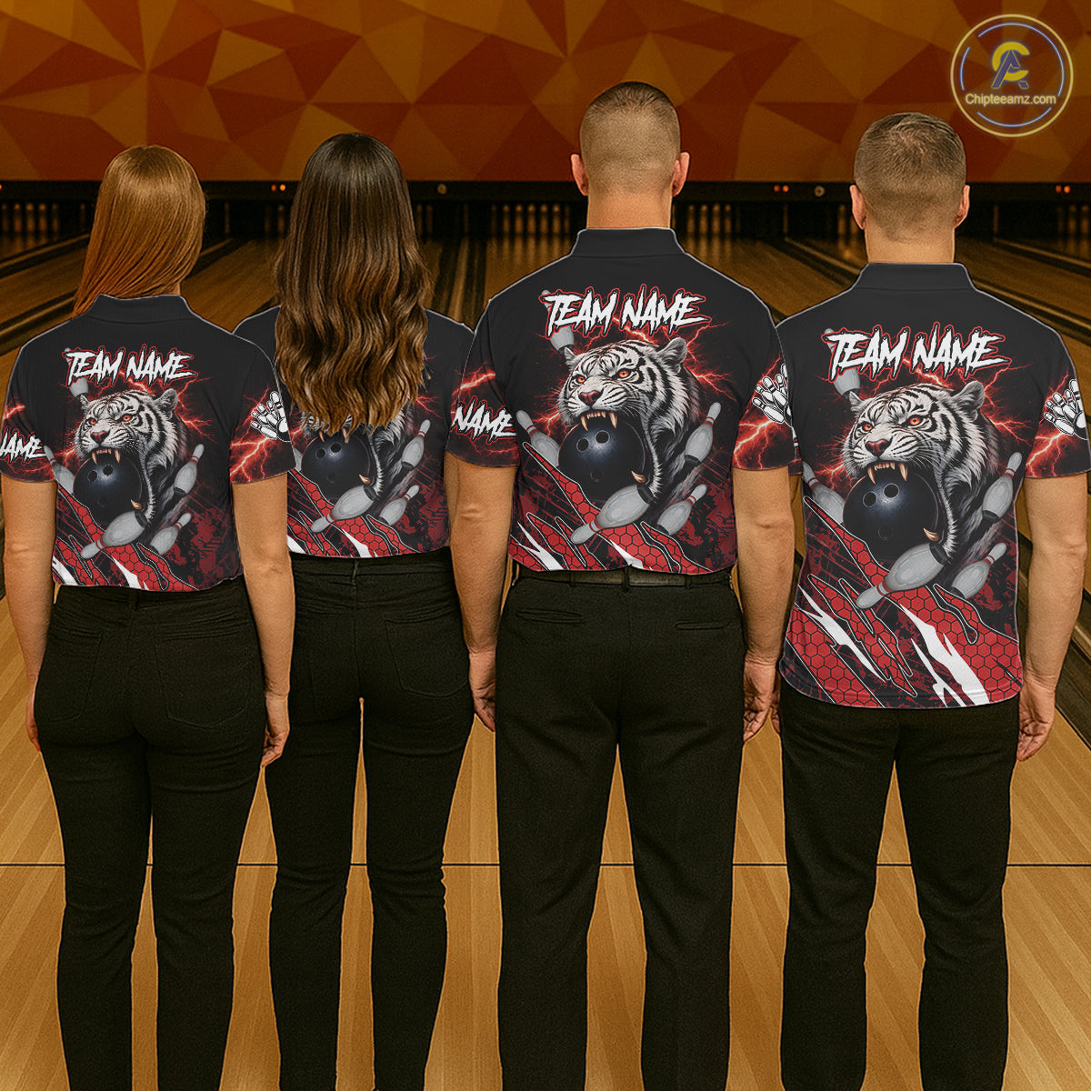 Black and Red Lightning Thunder Tiger Bowling Polo, 1/4 Zip Jersey for Women, Bowling Team shirts NQS11571
