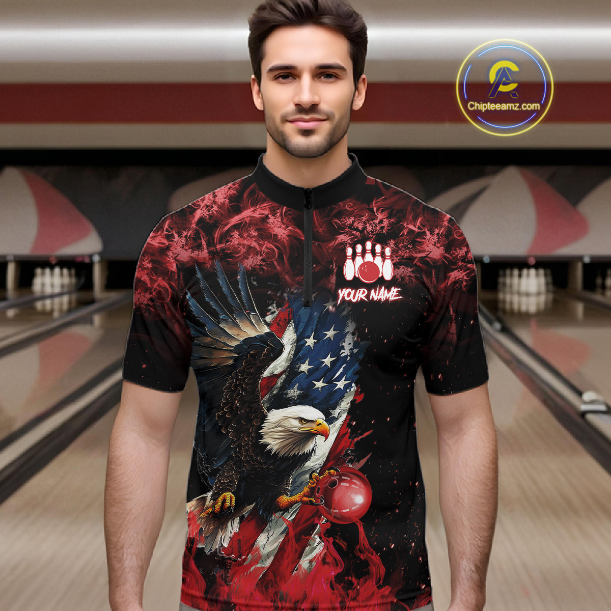 Red Flame American Flag Eagle bowling shirts for Men Custom Bowling Team Jersey, gift for Bowler NQS11556