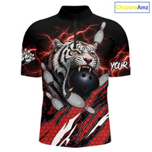 Load image into Gallery viewer, Black and Red Lightning Thunder Tiger Bowling Polo, 1/4 Zip Jersey for Men, Tiger Bowling Team shirts NQS11571