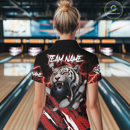 Black and Red Lightning Thunder Tiger Bowling Polo, 1/4 Zip Jersey for Women, Bowling Team shirts NQS11571