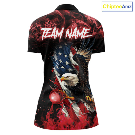 Red Flame American Flag Eagle bowling shirts for Women Custom Bowling Team Jersey, gift for Bowler NQS11556