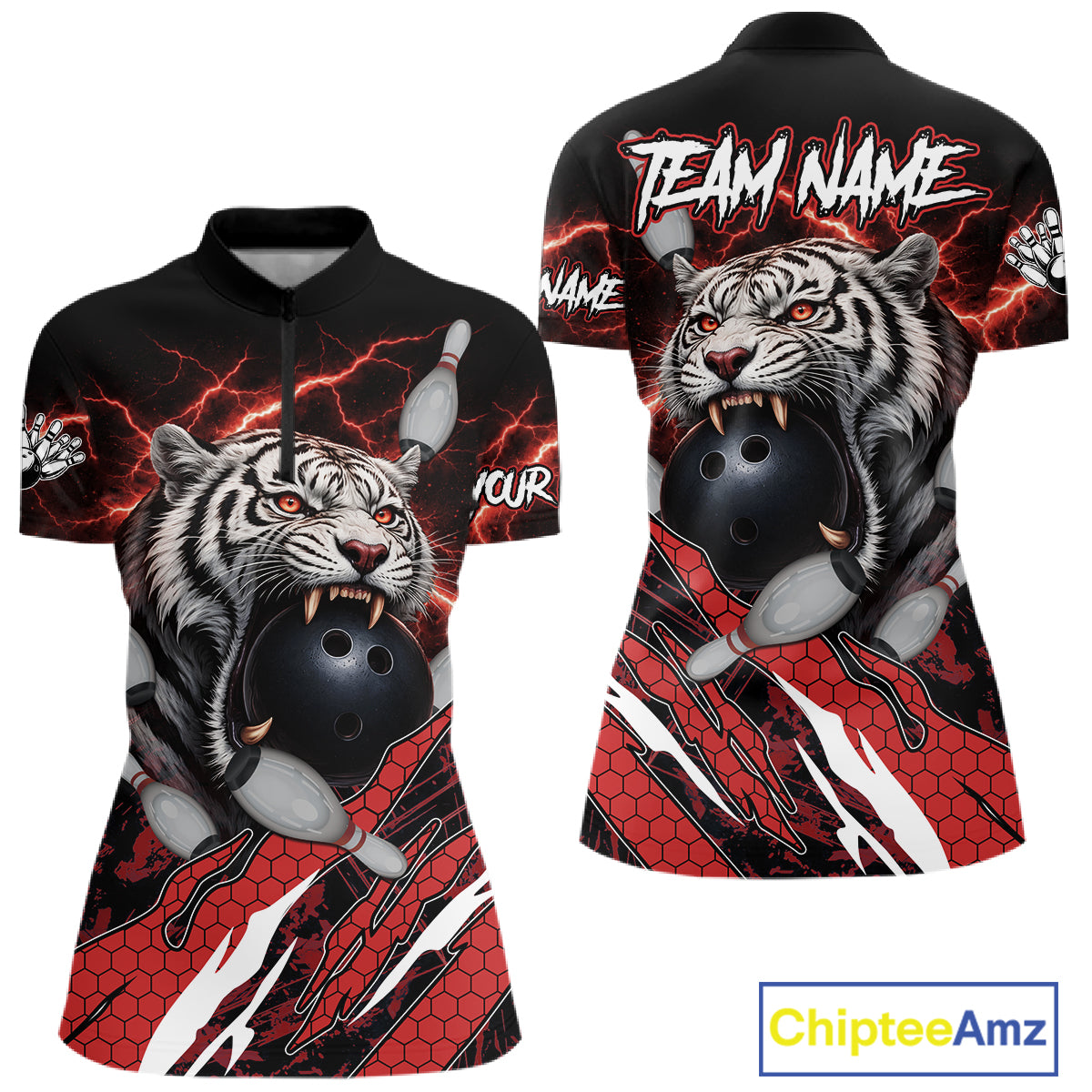 Black and Red Lightning Thunder Tiger Bowling Polo, 1/4 Zip Jersey for Women, Bowling Team shirts NQS11571