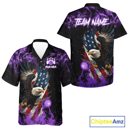 Purple Flame American Flag Eagle Bowling Hawaiian shirt Custom Bowling Team button-up shirts NQS11557