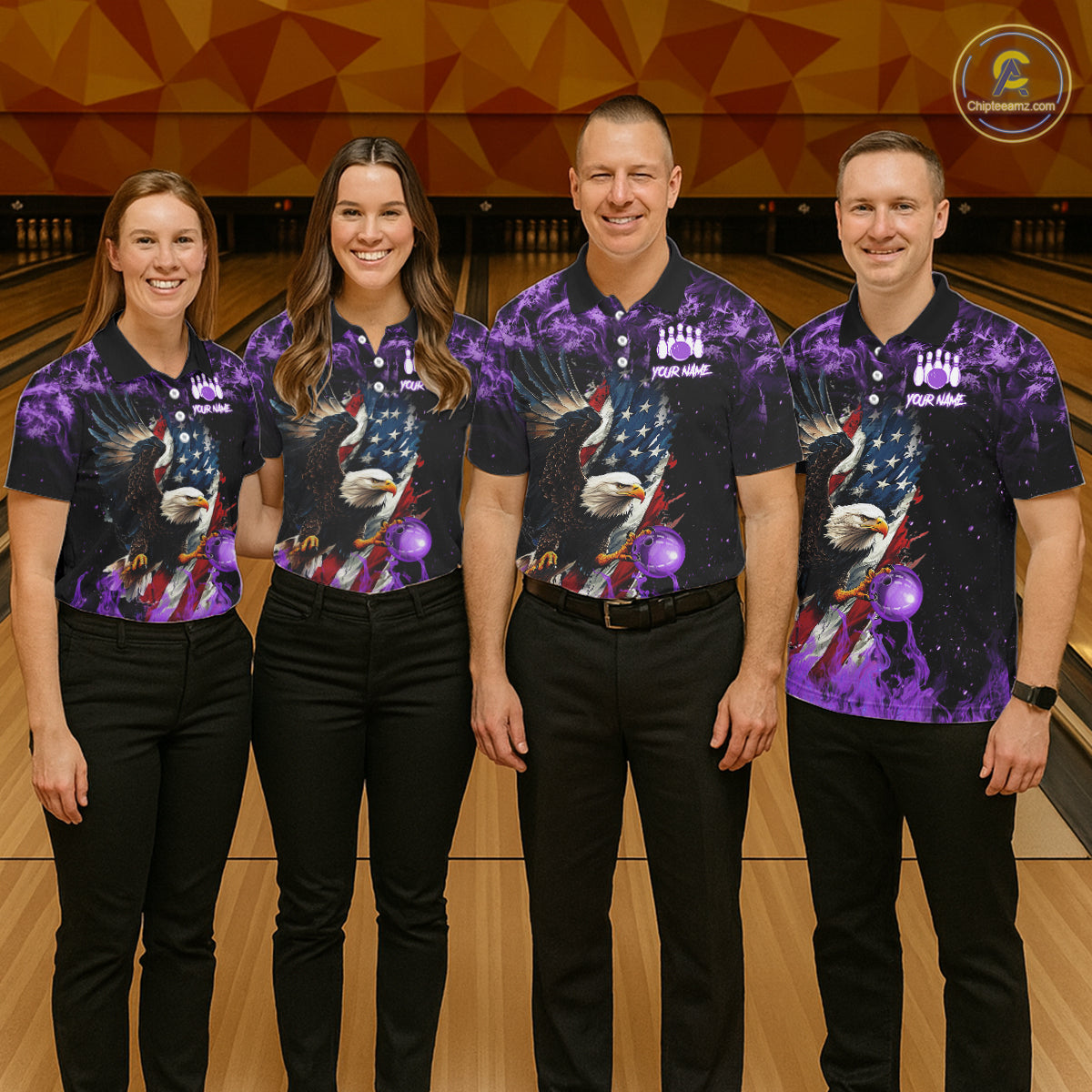 Purple Flame American Flag Eagle bowling shirts for Women Custom Bowling Team Jersey, gift for Bowler NQS11557