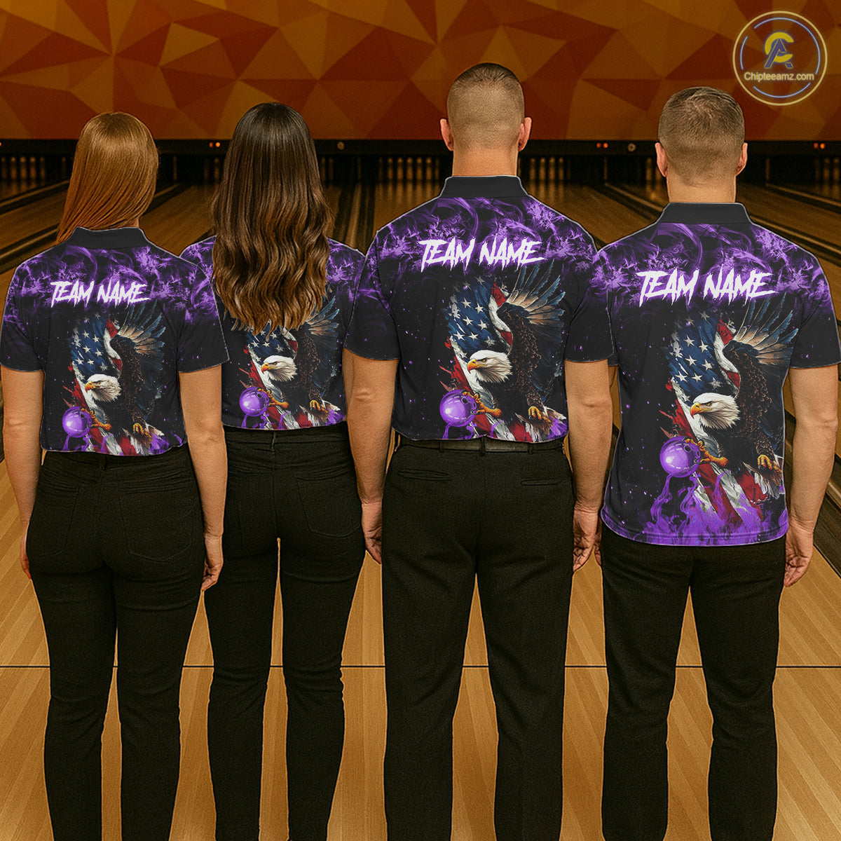 Purple Flame American Flag Eagle bowling shirts for Women Custom Bowling Team Jersey, gift for Bowler NQS11557