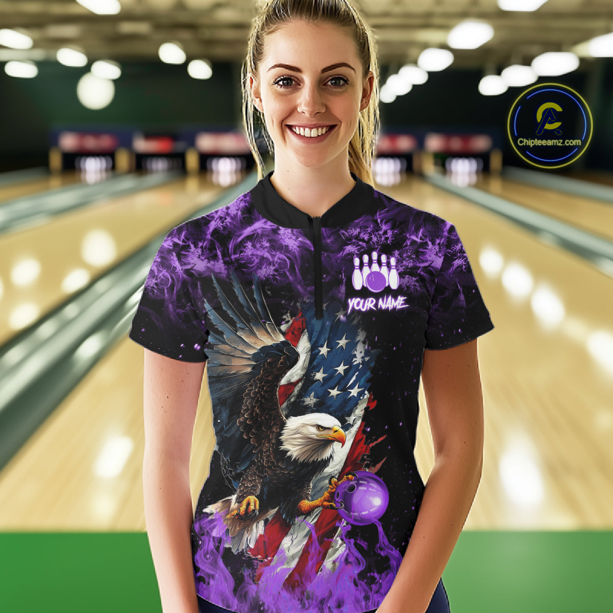 Purple Flame American Flag Eagle bowling shirts for Women Custom Bowling Team Jersey, gift for Bowler NQS11557