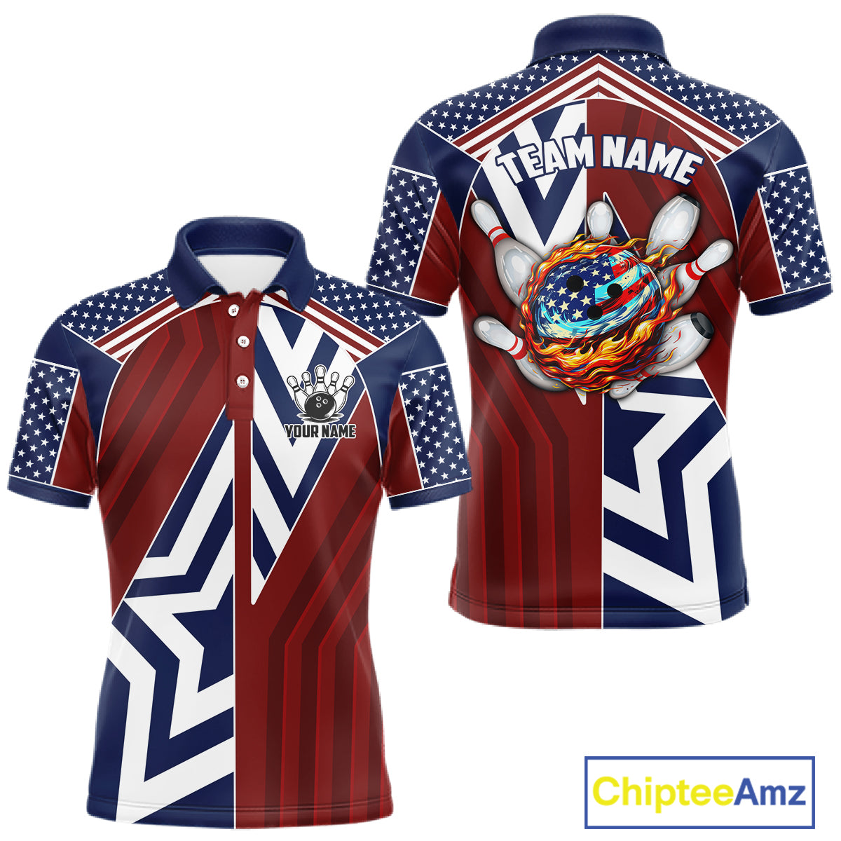 Red, White and Blue American Flag Flame Bowling shirts for Men Custom patriotic Team Bowling Jerseys NQS11558