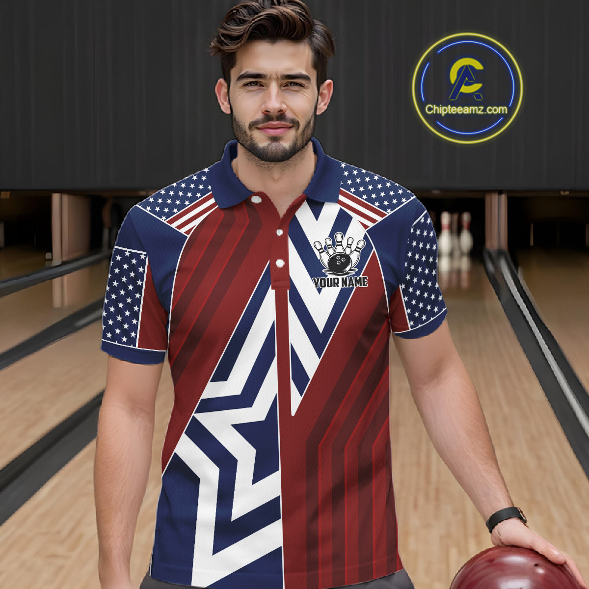Red, White and Blue American Flag Flame Bowling shirts for Men Custom patriotic Team Bowling Jerseys NQS11558