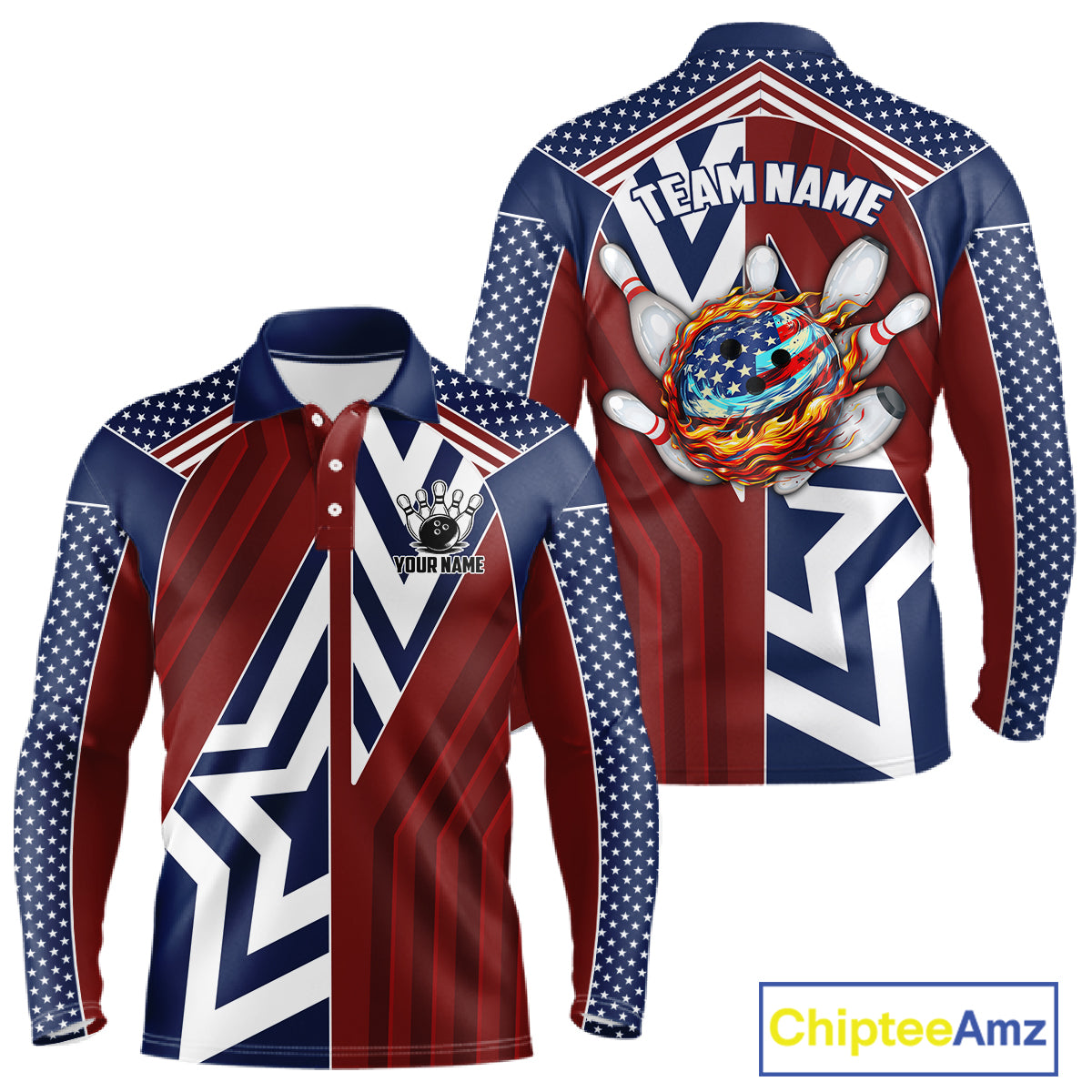 Red, White and Blue American Flag Flame Bowling shirts for Men Custom patriotic Team Bowling Jerseys NQS11558