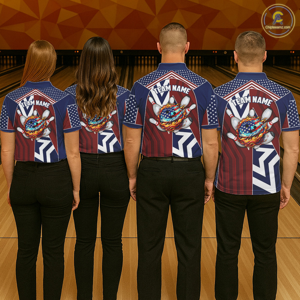 Red, White and Blue American Flag Flame Bowling shirts for Men Custom patriotic Team Bowling Jerseys NQS11558