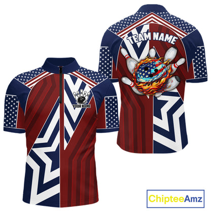 Red, White and Blue American Flag Flame Bowling shirts for Men Custom patriotic Team Bowling Jerseys NQS11558