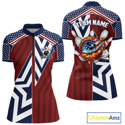 Red, White and Blue American Flag Flame Bowling shirts for Women Custom patriotic Team Bowling Jersey NQS11558