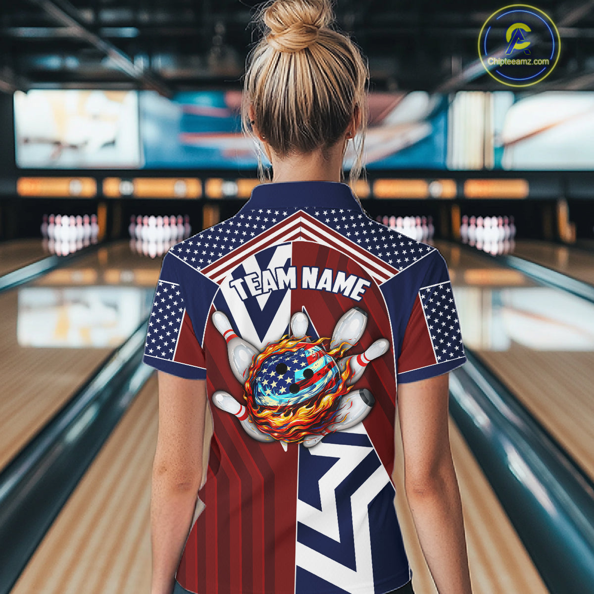 Red, White and Blue American Flag Flame Bowling shirts for Women Custom patriotic Team Bowling Jersey NQS11558