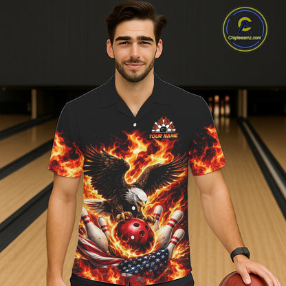 Custom Flame American Flag Eagle Bowling Hawaiian Shirts, Patriotic Eagle Bowling Team Jerseys NQS11560