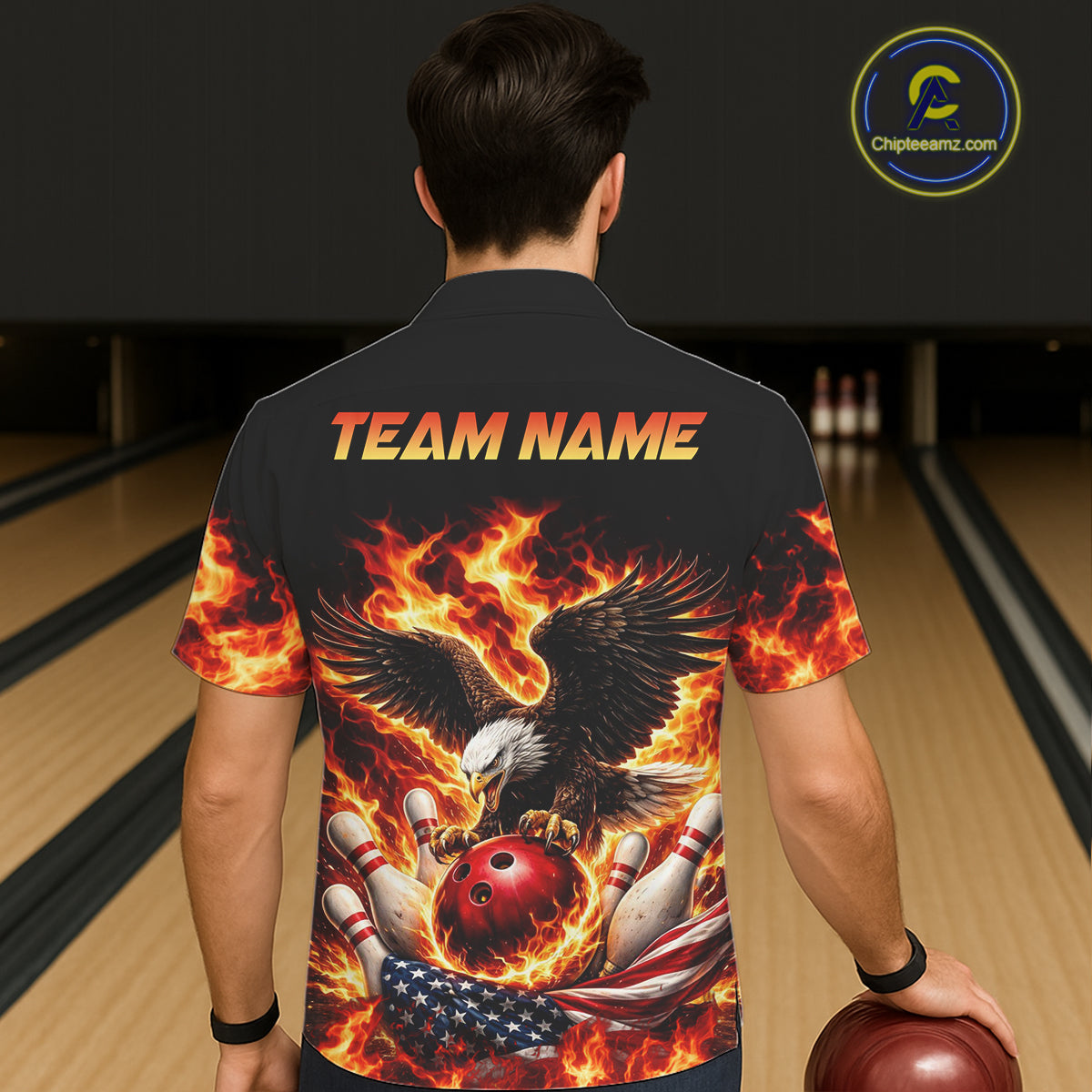 Custom Flame American Flag Eagle Bowling Hawaiian Shirts, Patriotic Eagle Bowling Team Jerseys NQS11560