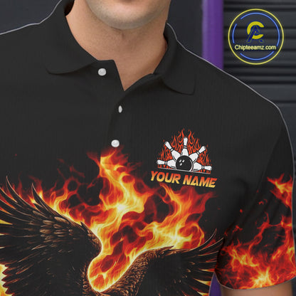 Custom Flame American Flag Eagle Bowling Shirts, Patriotic Eagle Bowling Team Jerseys For Men NQS11560