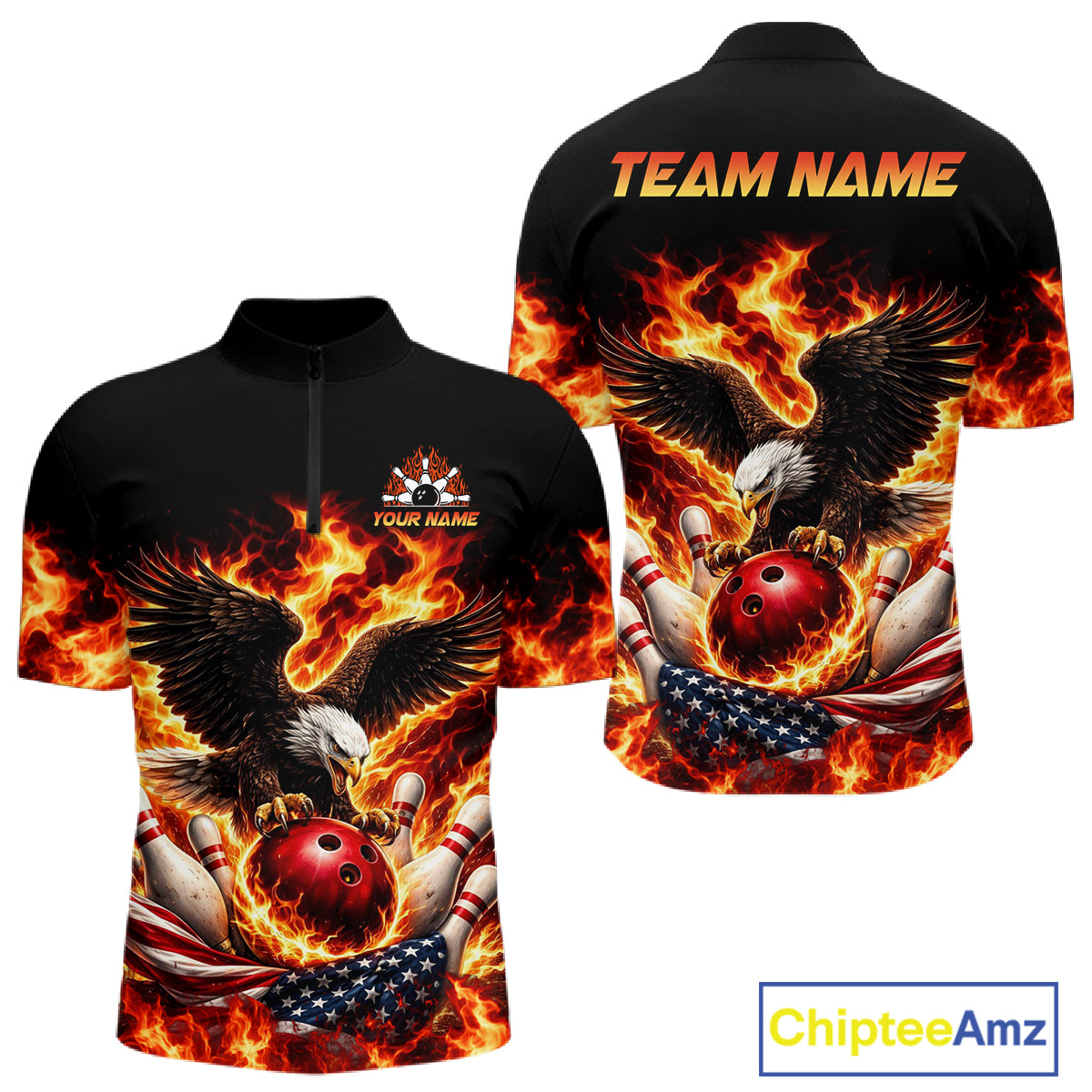 Custom Flame American Flag Eagle Bowling Shirts, Patriotic Eagle Bowling Team Jerseys For Men NQS11560