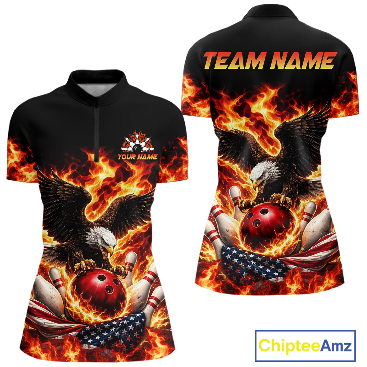 Custom Flame American Flag Eagle Bowling Shirts, Patriotic Eagle Bowling Team Jerseys For Women NQS11560