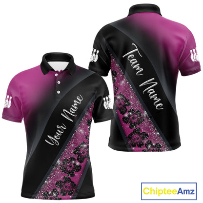 Black and Pink Glitter Flower Bowling Polo, Quarter Zip Shirt for Men Custom Bowling Team Jerseys NQS11685