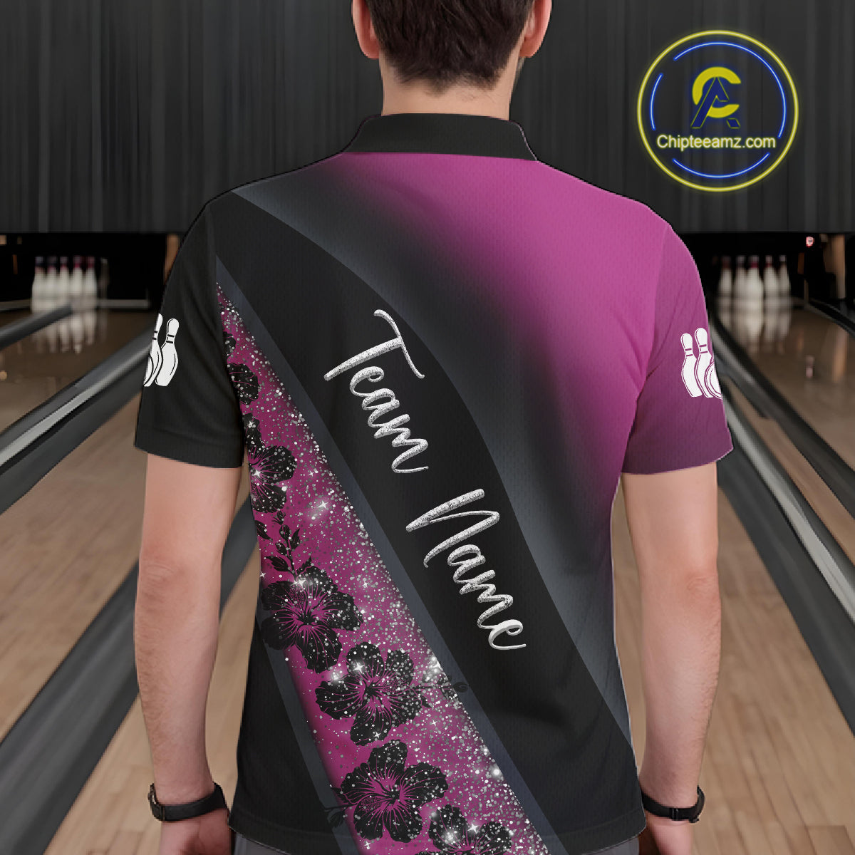 Black and Pink Glitter Flower Bowling Polo, Quarter Zip Shirt for Men Custom Bowling Team Jerseys NQS11685
