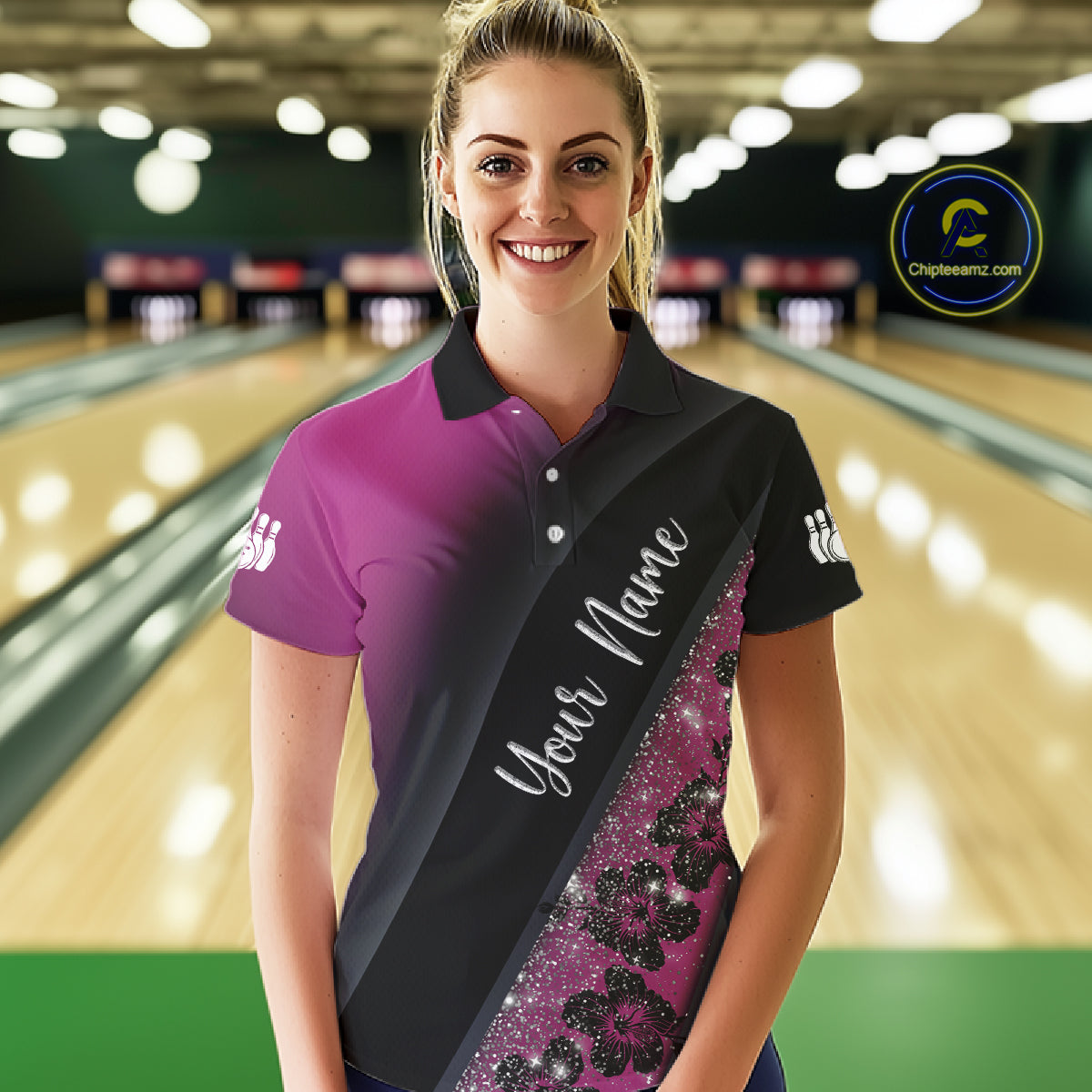 Black and Pink Glitter Flower Bowling Polo, Quarter Zip Shirt for Women Custom Bowling Team Jerseys NQS11685