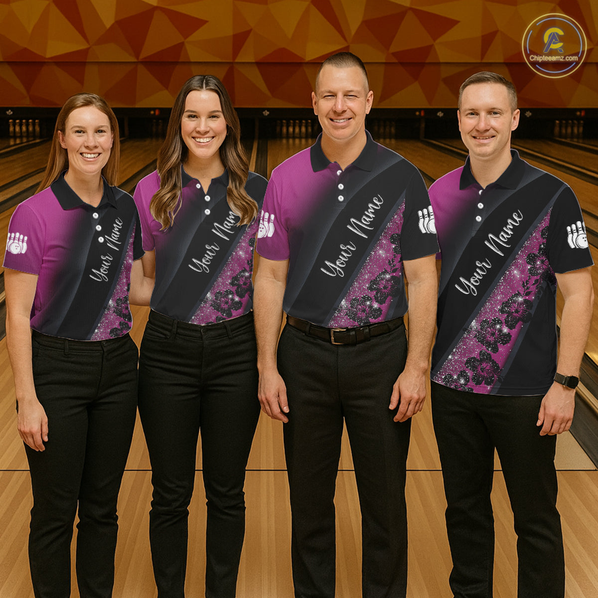 Black and Pink Glitter Flower Bowling Polo, Quarter Zip Shirt for Men Custom Bowling Team Jerseys NQS11685