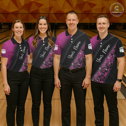 Black and Pink Glitter Flower Bowling Polo, Quarter Zip Shirt for Men Custom Bowling Team Jerseys NQS11685