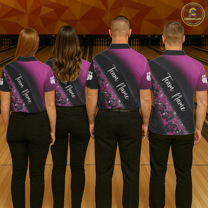 Black and Pink Glitter Flower Bowling Polo, Quarter Zip Shirt for Men Custom Bowling Team Jerseys NQS11685