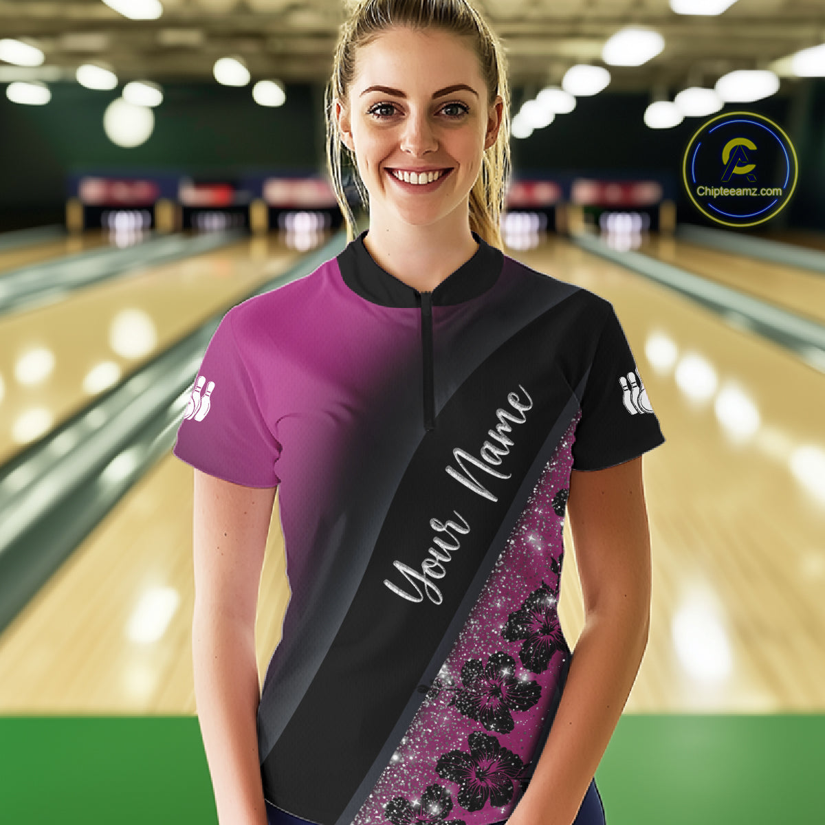 Black and Pink Glitter Flower Bowling Polo, Quarter Zip Shirt for Women Custom Bowling Team Jerseys NQS11685