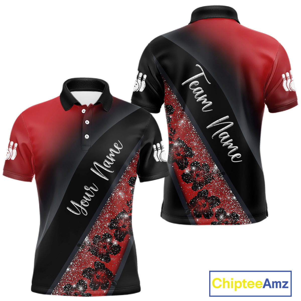 Black and Red Glitter Flower Bowling Polo, Quarter Zip Shirt for Men Custom Bowling Team Jerseys NQS11686