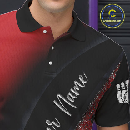 Black and Red Glitter Flower Bowling Polo, Quarter Zip Shirt for Men Custom Bowling Team Jerseys NQS11686