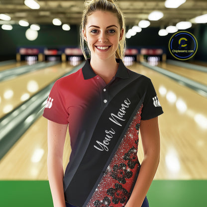 Black and Red Glitter Flower Bowling Polo, Quarter Zip Shirt for Women Custom Bowling Team Jerseys NQS11686