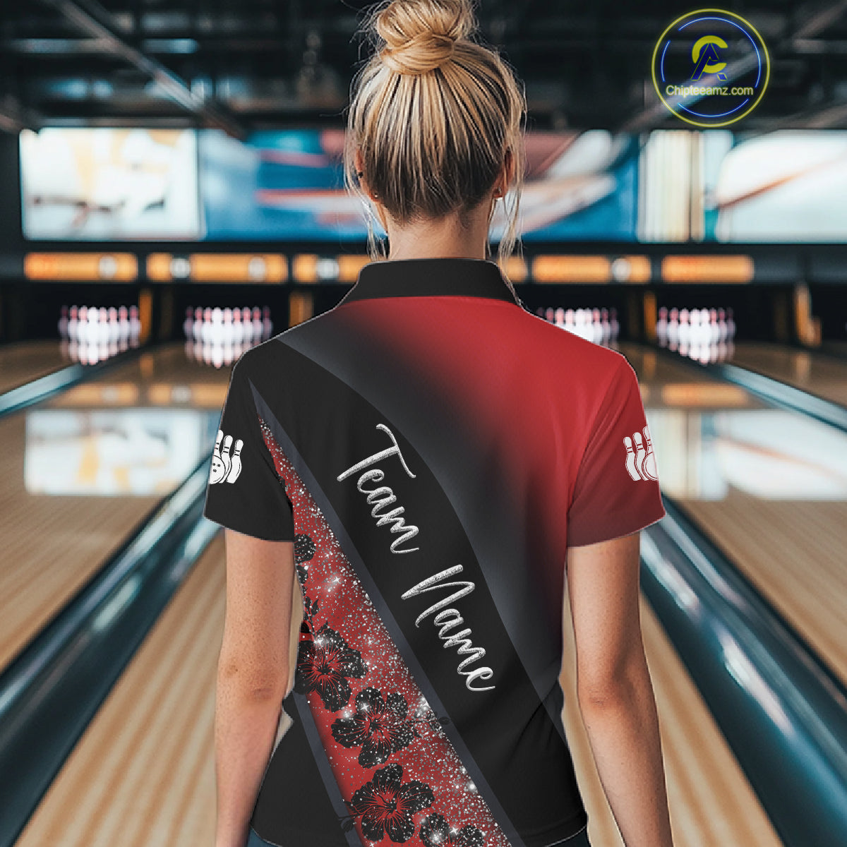 Black and Red Glitter Flower Bowling Polo, Quarter Zip Shirt for Women Custom Bowling Team Jerseys NQS11686