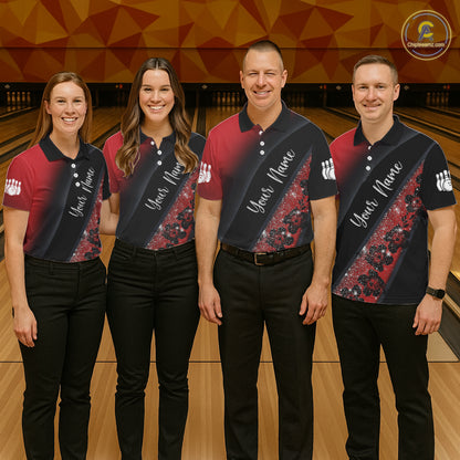 Black and Red Glitter Flower Bowling Polo, Quarter Zip Shirt for Women Custom Bowling Team Jerseys NQS11686