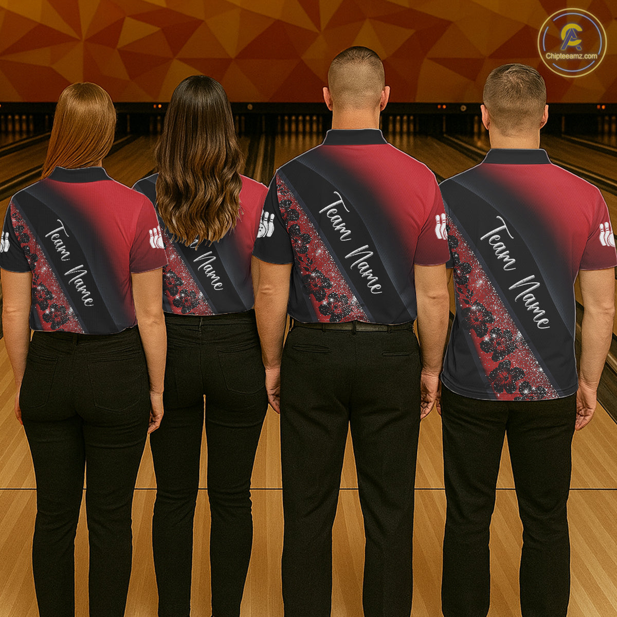 Black and Red Glitter Flower Bowling Polo, Quarter Zip Shirt for Women Custom Bowling Team Jerseys NQS11686