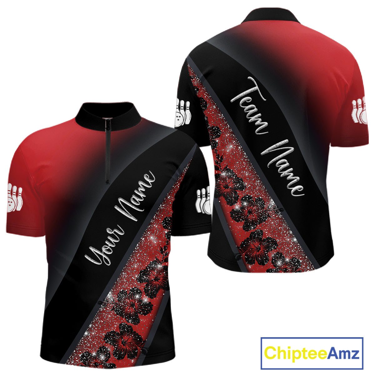 Black and Red Glitter Flower Bowling Polo, Quarter Zip Shirt for Men Custom Bowling Team Jerseys NQS11686
