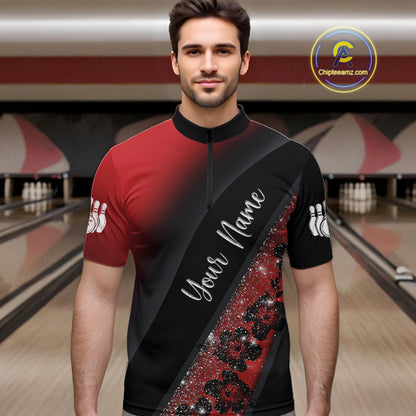 Black and Red Glitter Flower Bowling Polo, Quarter Zip Shirt for Men Custom Bowling Team Jerseys NQS11686