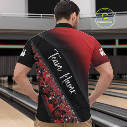 Black and Red Glitter Flower Bowling Polo, Quarter Zip Shirt for Men Custom Bowling Team Jerseys NQS11686