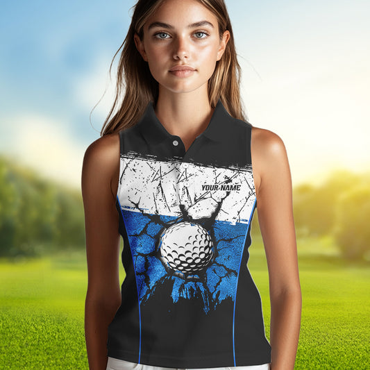 Black, White & Blue Retro broken Golf ball Women Sleeveless Polo shirt Custom Team golf outfit ladies NQS9788