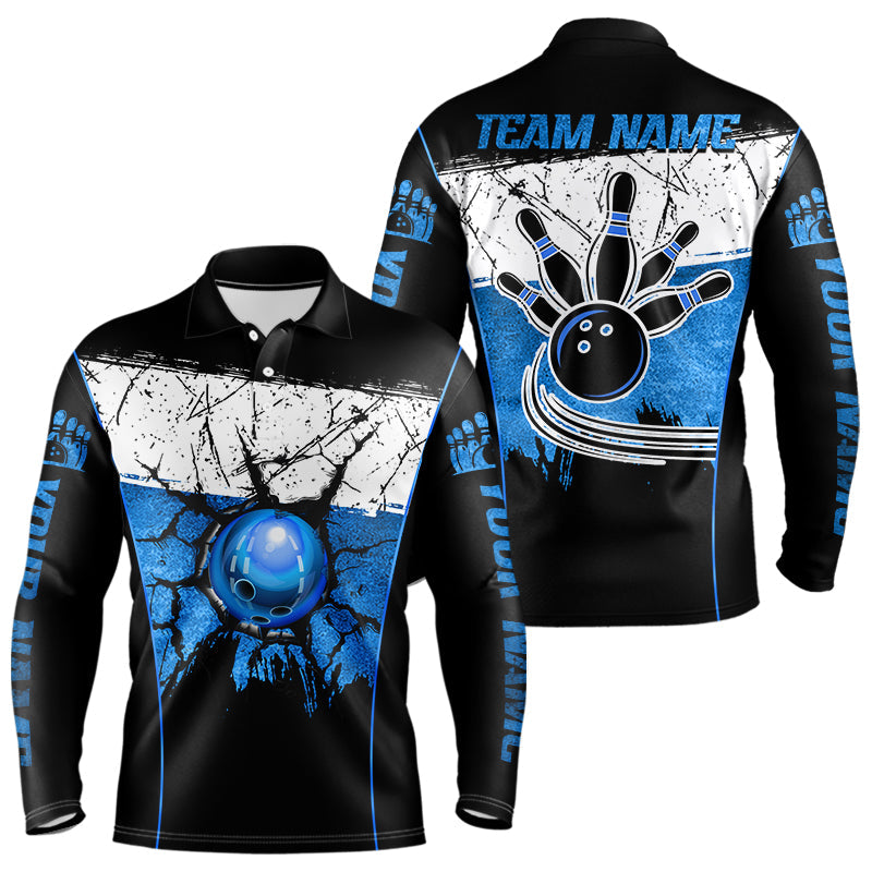 Black, White and Blue Retro broken Bowling ball Polo, 1/4 Zip Shirt For Men Custom Bowling Team Shirts NQS9789