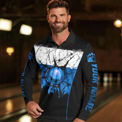 Black, White and Blue Retro broken Bowling ball Polo, 1/4 Zip Shirt For Men Custom Bowling Team Shirts NQS9789
