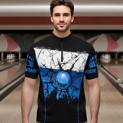 Black, White and Blue Retro broken Bowling ball Polo, 1/4 Zip Shirt For Men Custom Bowling Team Shirts NQS9789