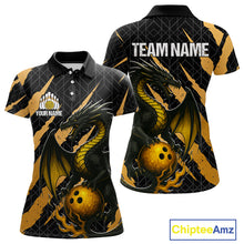 Load image into Gallery viewer, Black and Gold Dragon Bowling Polo, Quarter Zip Shirts for Women Custom Bowling Outfit Team jersey NQS10037