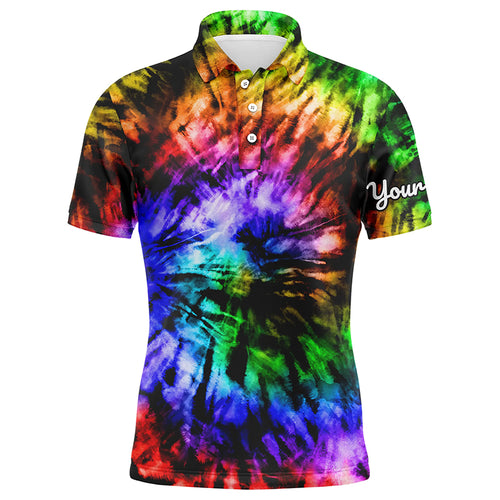 Mens golf polo shirt custom colorful rainbow black tie dye men's golf attire, best mens golf wear NQS6032