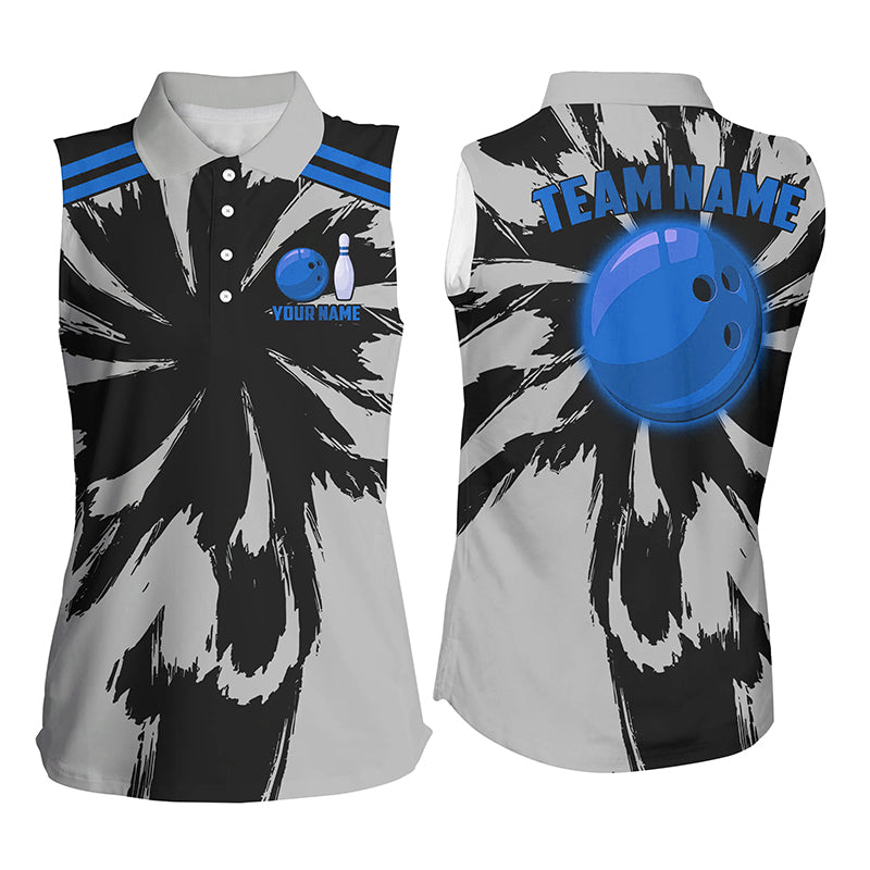 Black and Gray bowling Sleeveless Polo Shirt for Women Custom Blue bowling ball Team Bowling jerseys NQS8144