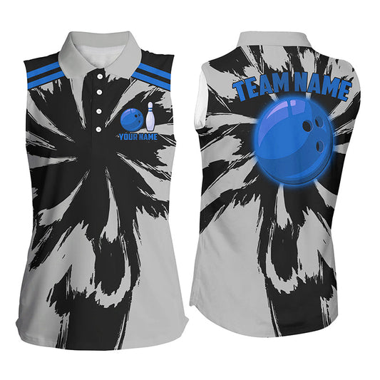 Black and Gray bowling Sleeveless Polo Shirt for Women Custom Blue bowling ball Team Bowling jerseys NQS8144