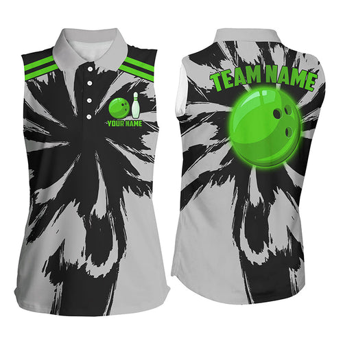 Black and Gray bowling Sleeveless Polo Shirt for Women Custom Green bowling ball Team Bowling jerseys NQS8145